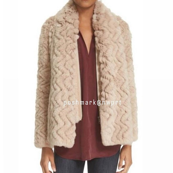 JOIE 🐰 Sela Rabbit Fur Jacket Coat Sweater Scarf Mushroom Beige XS - Picture 3 of 15